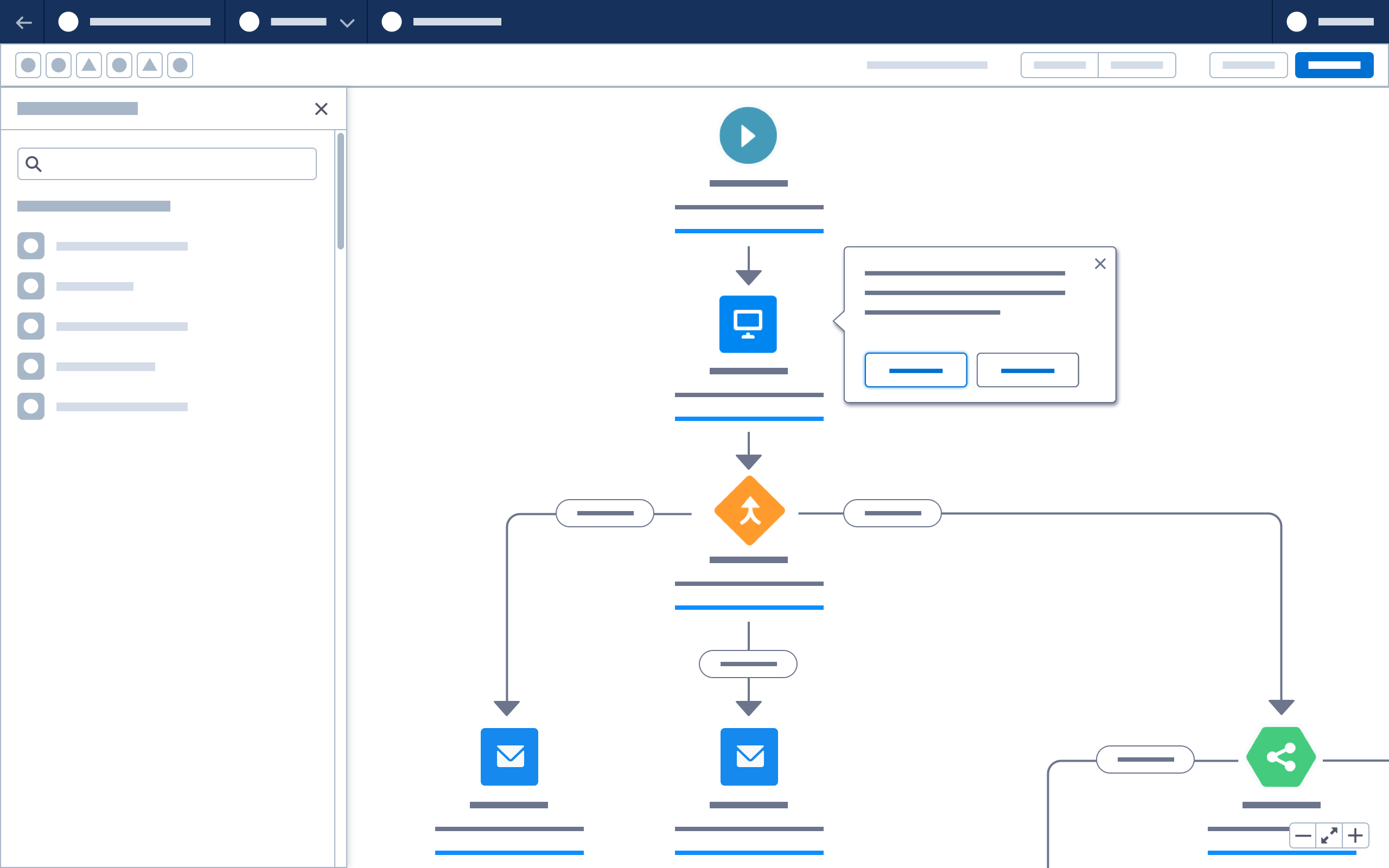 A wireframe showing a logic builder configuration with header, toolbox panel, and canvas with popover and zoom tool