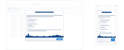 Two wireframes showing the use of modals for surveys, one a desktop view and the other a mobile view.