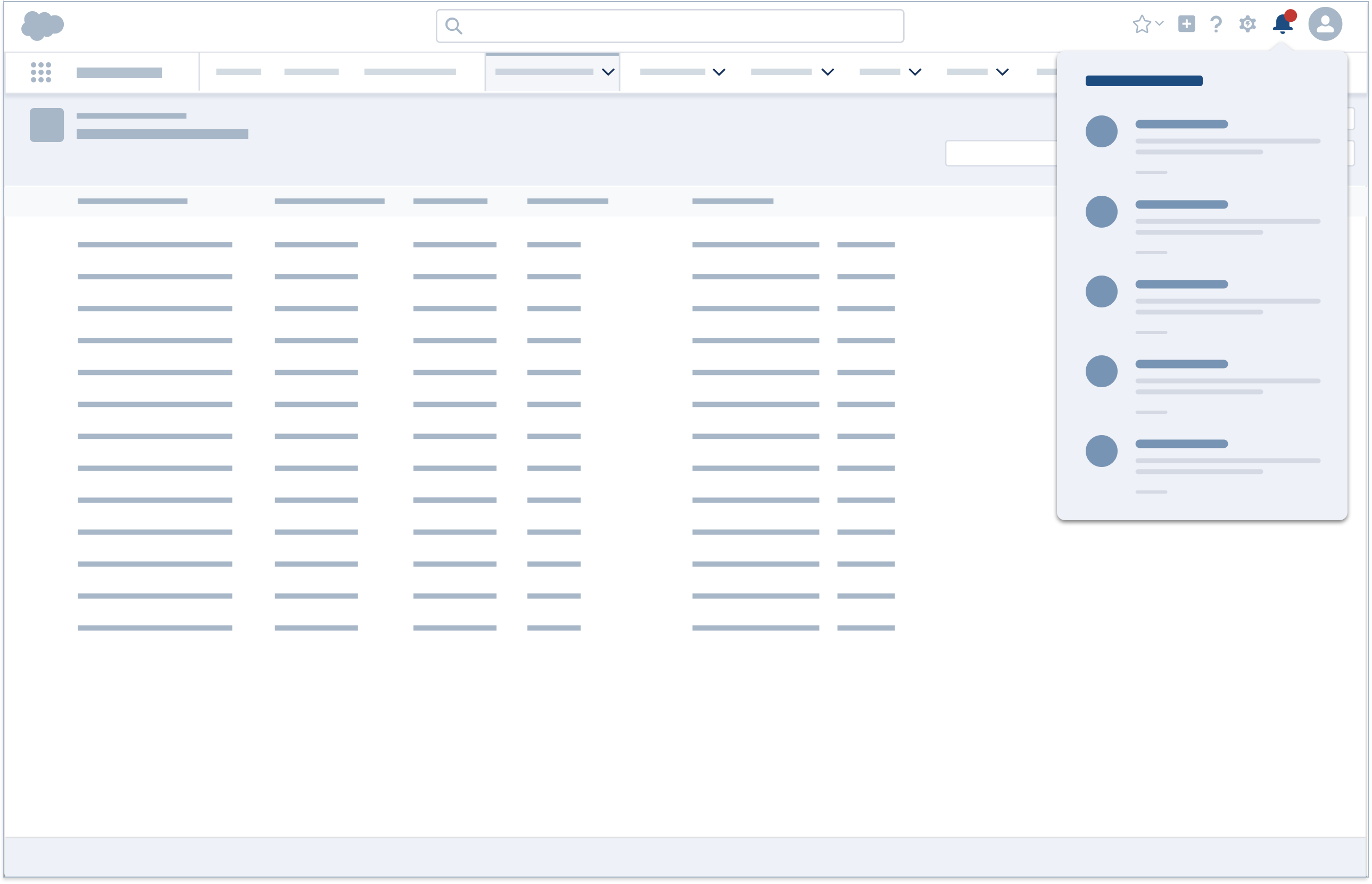 A wireframe showing an example of a drop down notification tray.