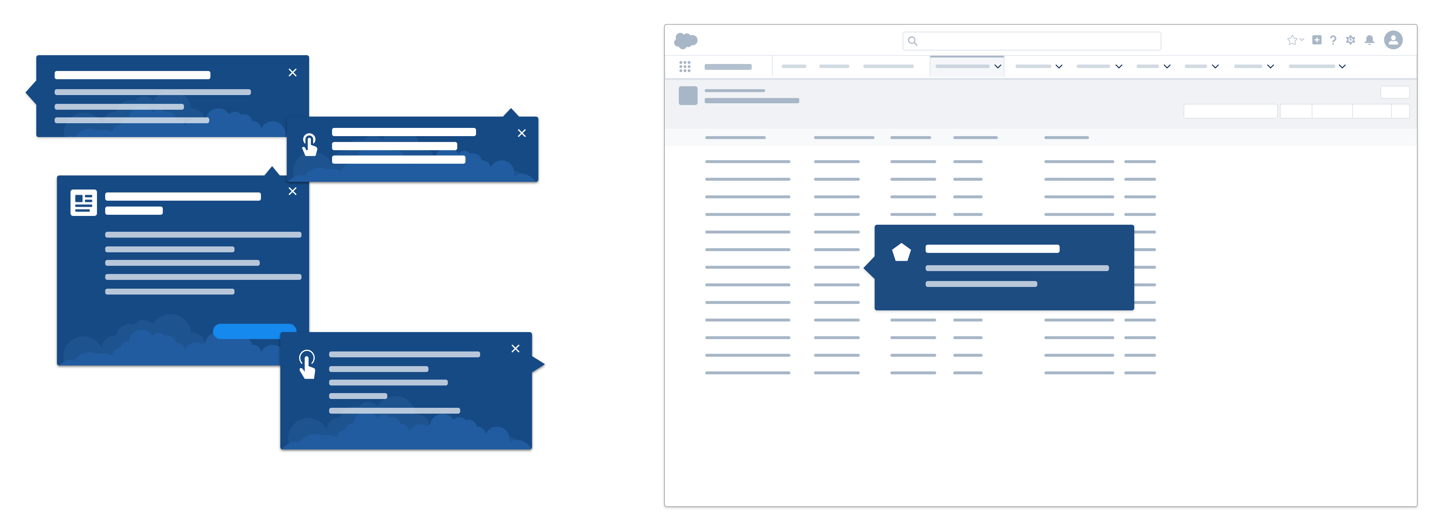 Simple UI graphic illustrating a variety of feature popovers.